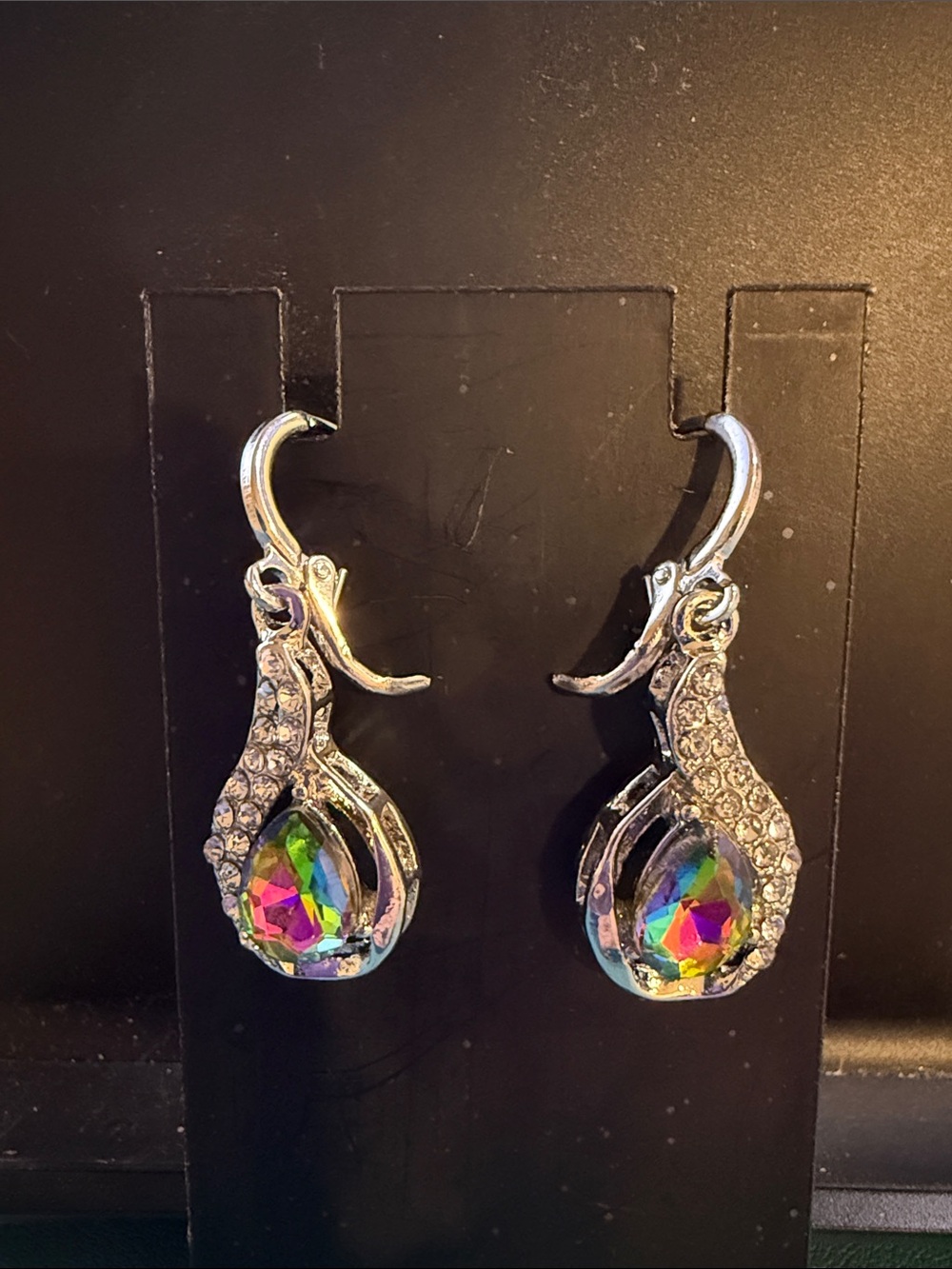 Silver-tone Rainbow Teardrop Crystal Drop Earrings